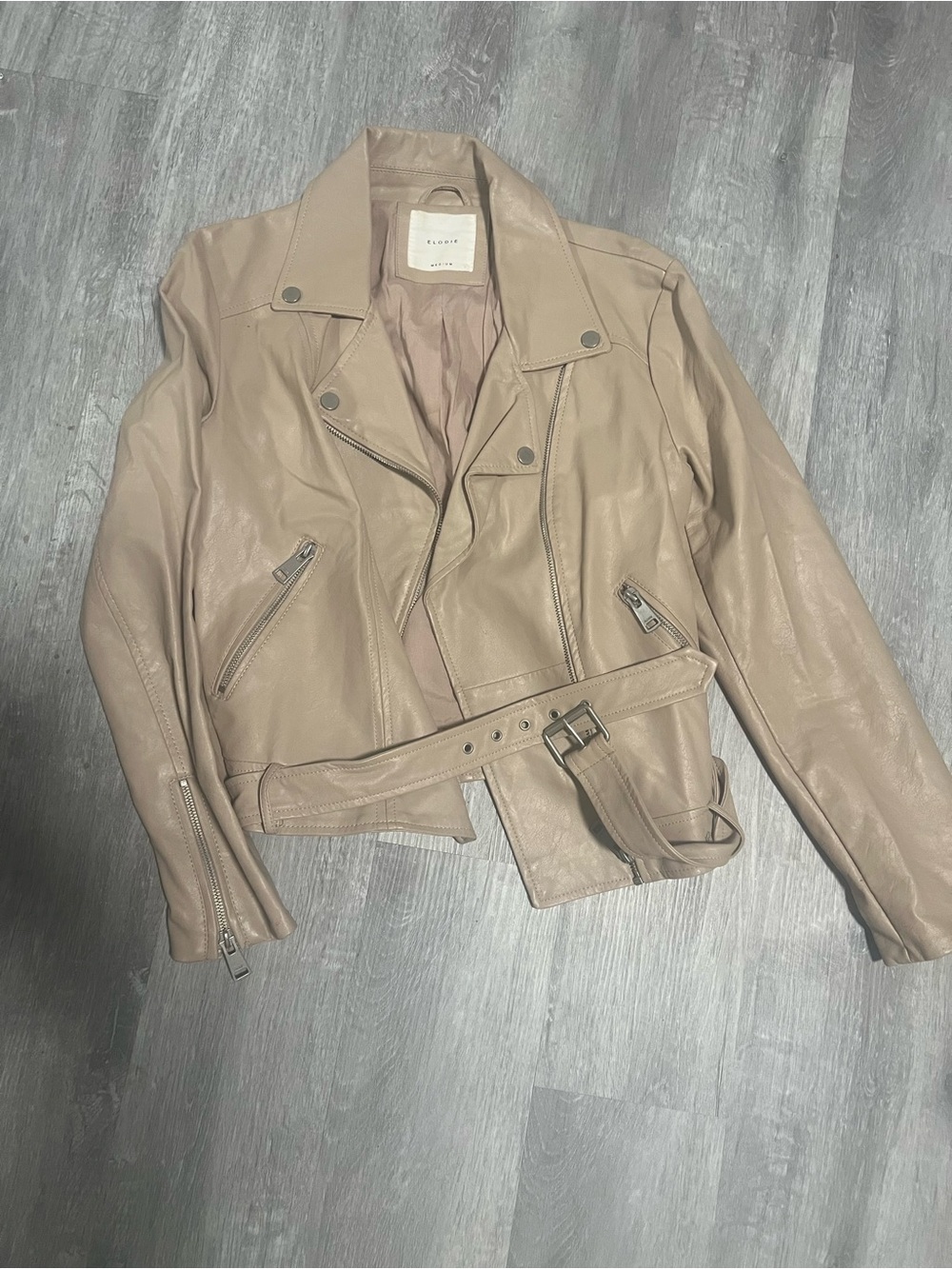 Elodie Taupe Leather Moto Jacket with Belt